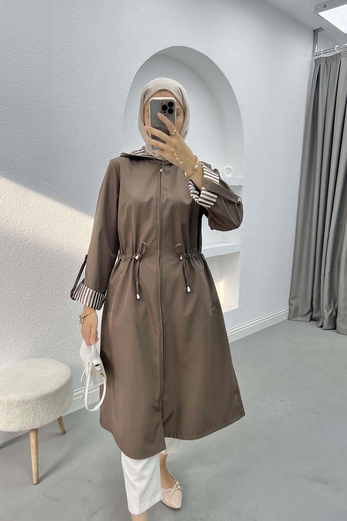 Striped Detailed Hooded Trench Coat Mink