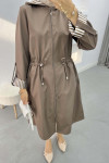 Striped Detailed Hooded Trench Coat Mink