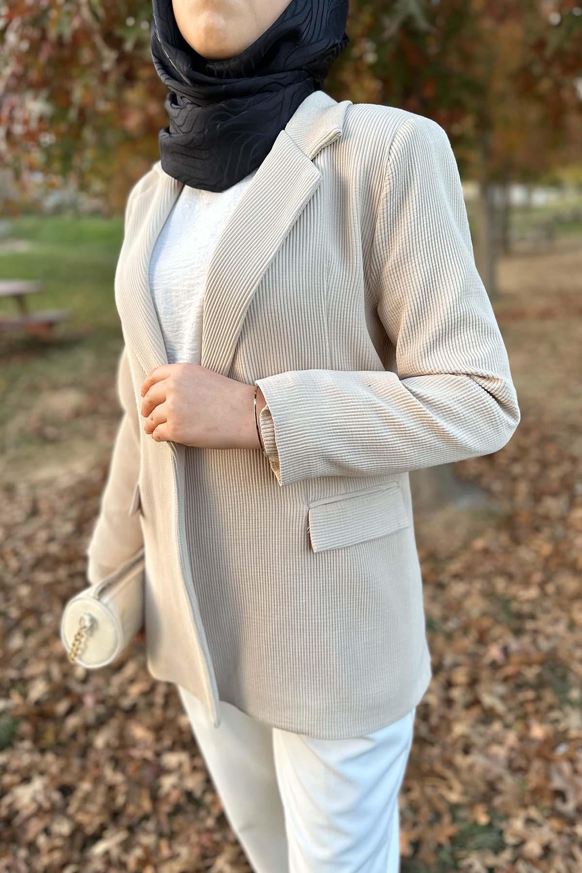 Striped Textured Jacket Beige