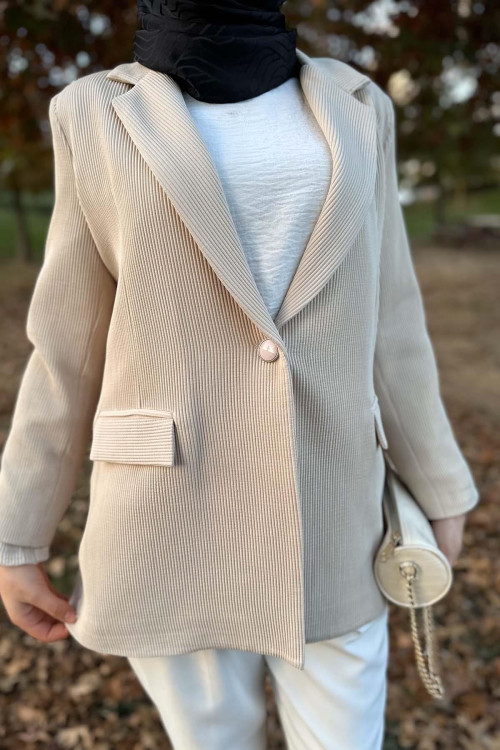 Striped Textured Jacket Beige