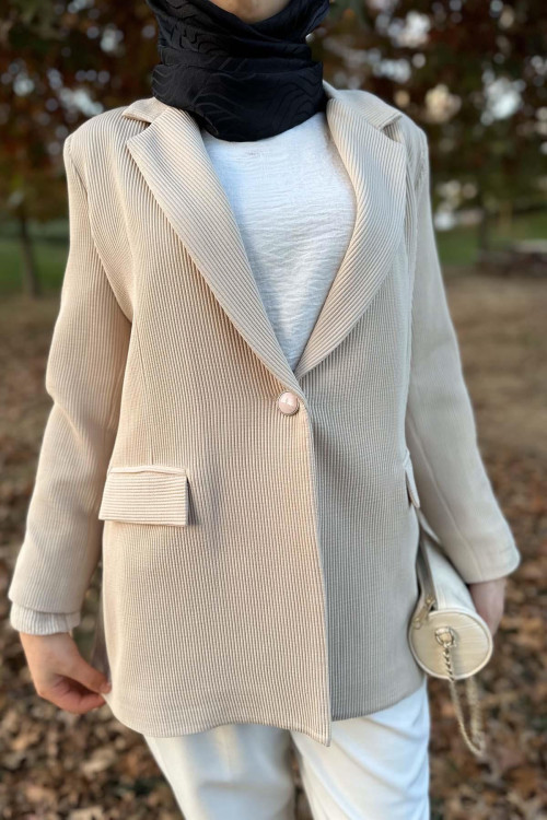 Striped Textured Jacket Beige