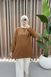 Striped Textured Necklace Tunic Brown