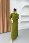 Line Embossed Daisy Brooch Dress Green