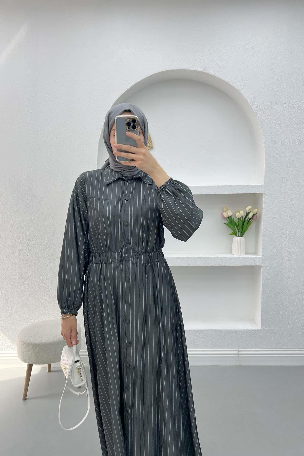 Striped Beymen Dress Anthracite