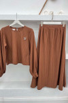 Striped Brooch Skirt Set Brown