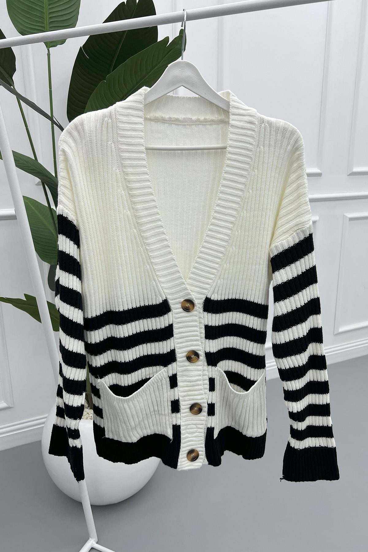 Striped Pocket Knitwear Cardigan Black