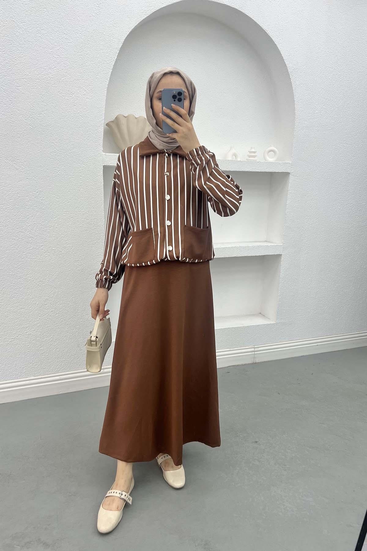 Striped Crop Skirt Set Brown