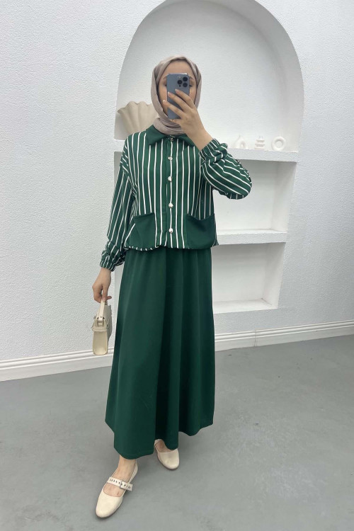 Striped Crop Skirt Set Green