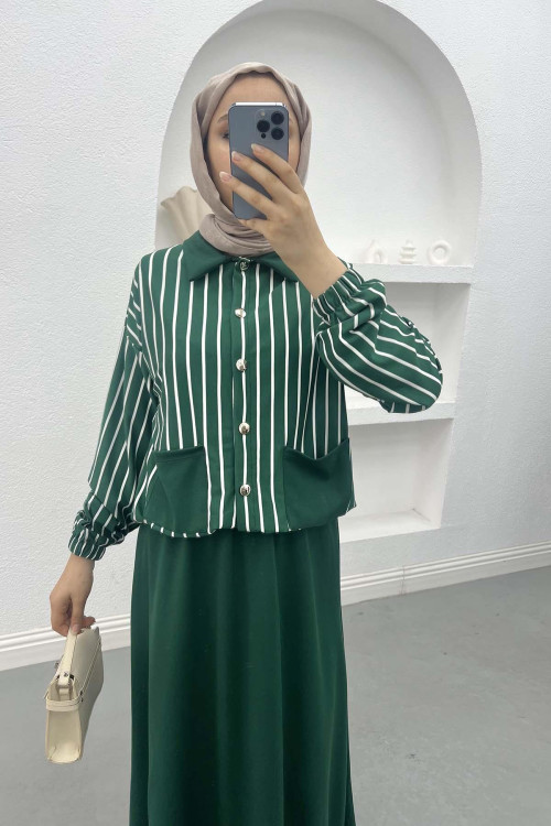 Striped Crop Skirt Set Green