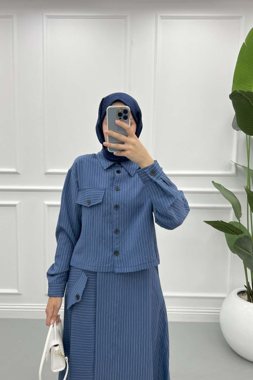 Striped Skirt Suit Navy Blue