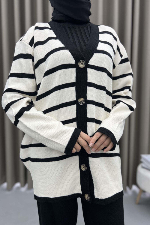 Striped Cardigan Knitwear Set Ecru