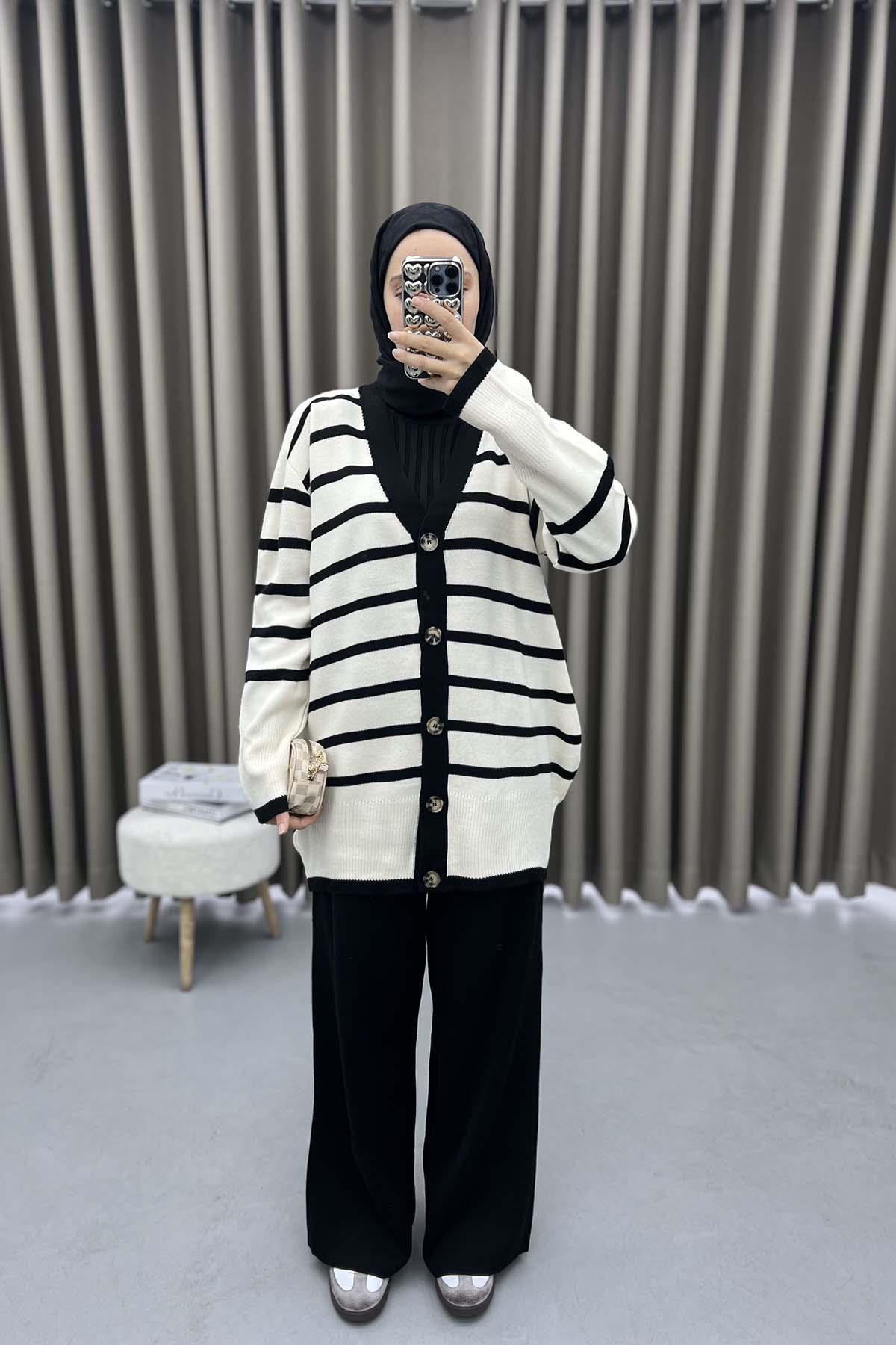 Striped Cardigan Knitwear Set Ecru