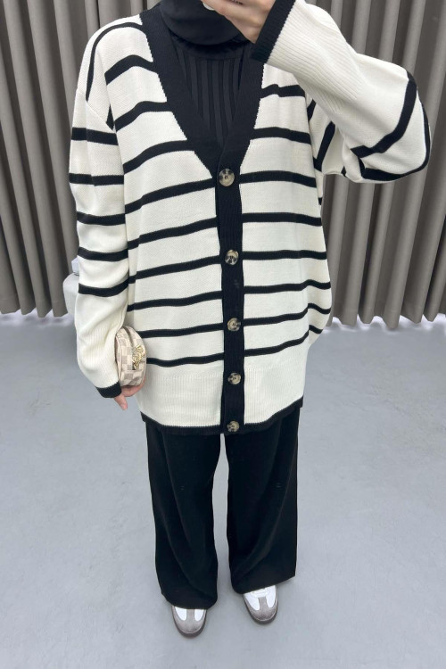 Striped Cardigan Knitwear Set Ecru