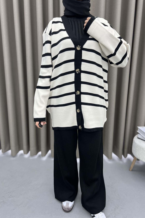 Striped Cardigan Knitwear Set Ecru