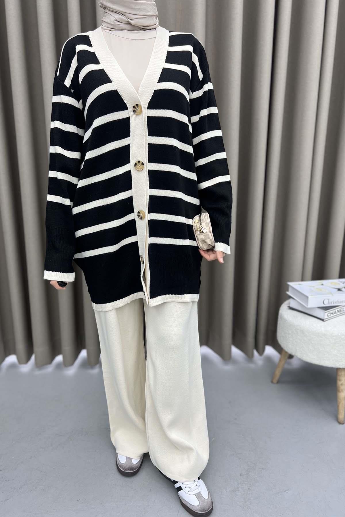 Striped Cardigan Knitwear Set Black