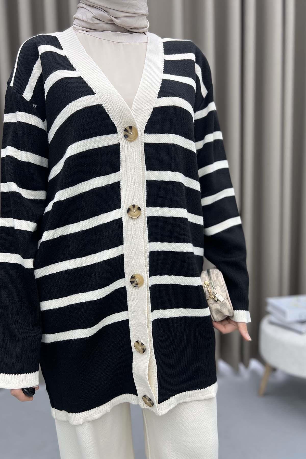 Striped Cardigan Knitwear Set Black