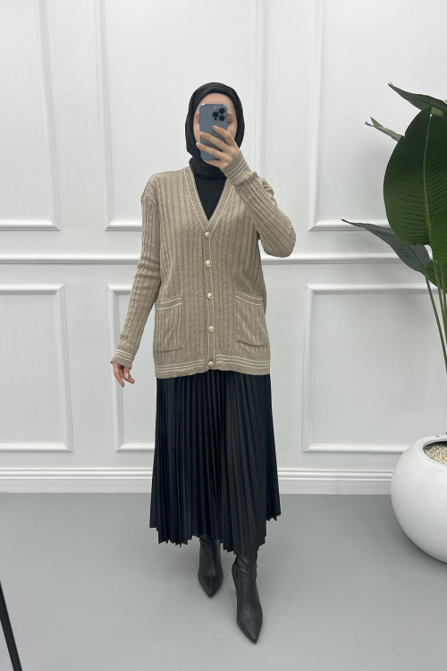 Striped Thin Knit Cardigan Dark Beige