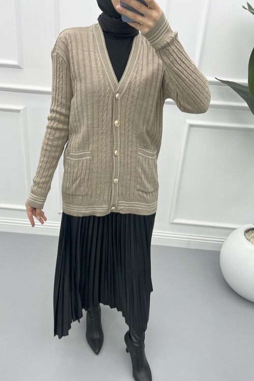 Striped Thin Knit Cardigan Dark Beige