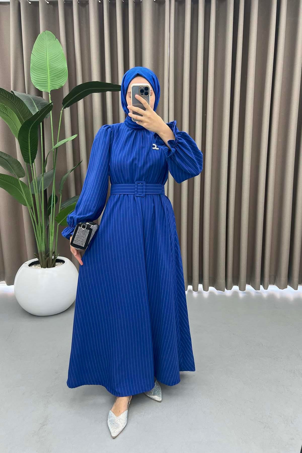 Striped Belted Dress Navy Blue