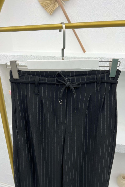 Striped Belted Trousers Black