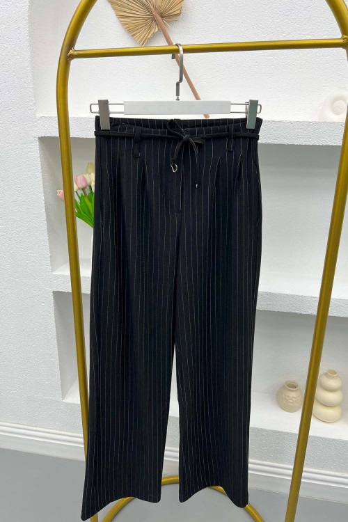 Striped Belted Trousers Black