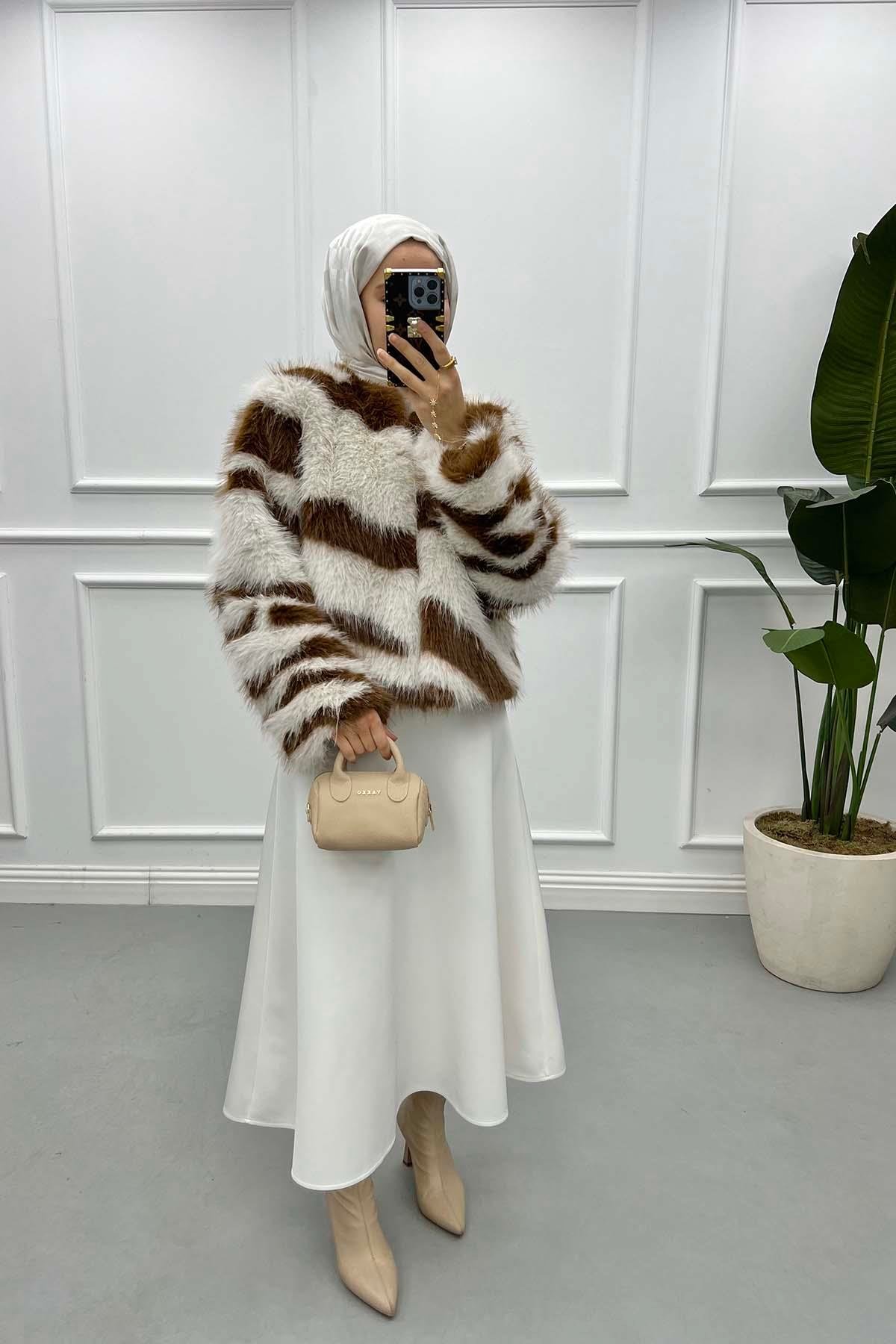 Striped Fur Coat Ecru