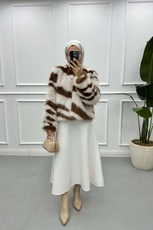 Striped Fur Coat Ecru