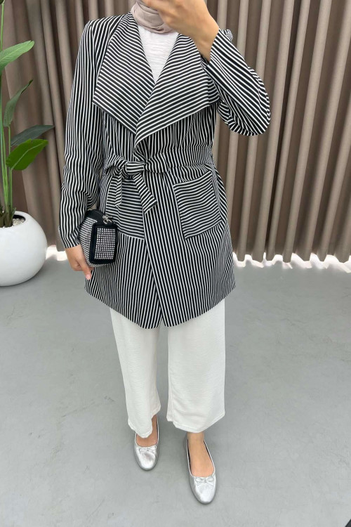 Striped Belted Jacket Black