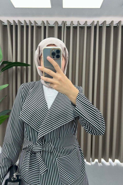 Striped Belted Jacket Black