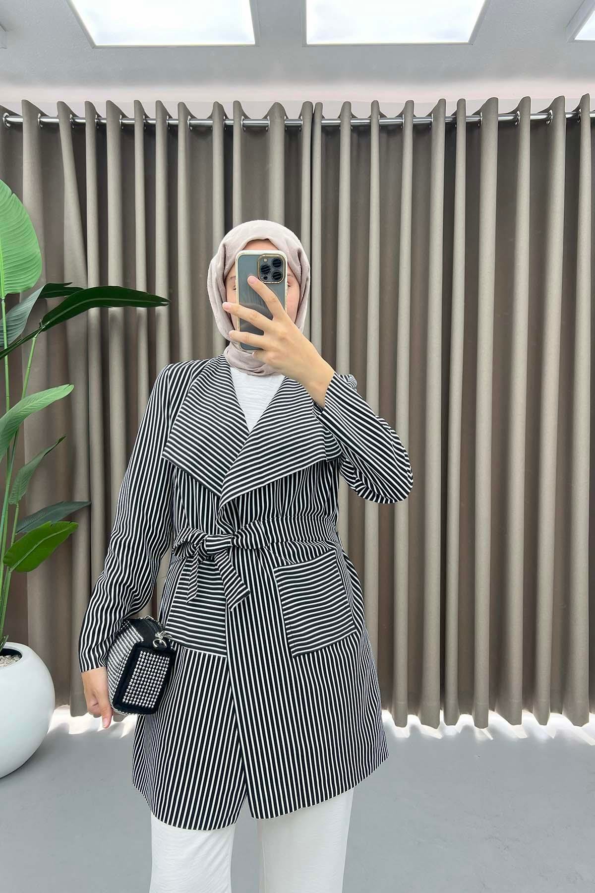 Striped Belted Jacket Black