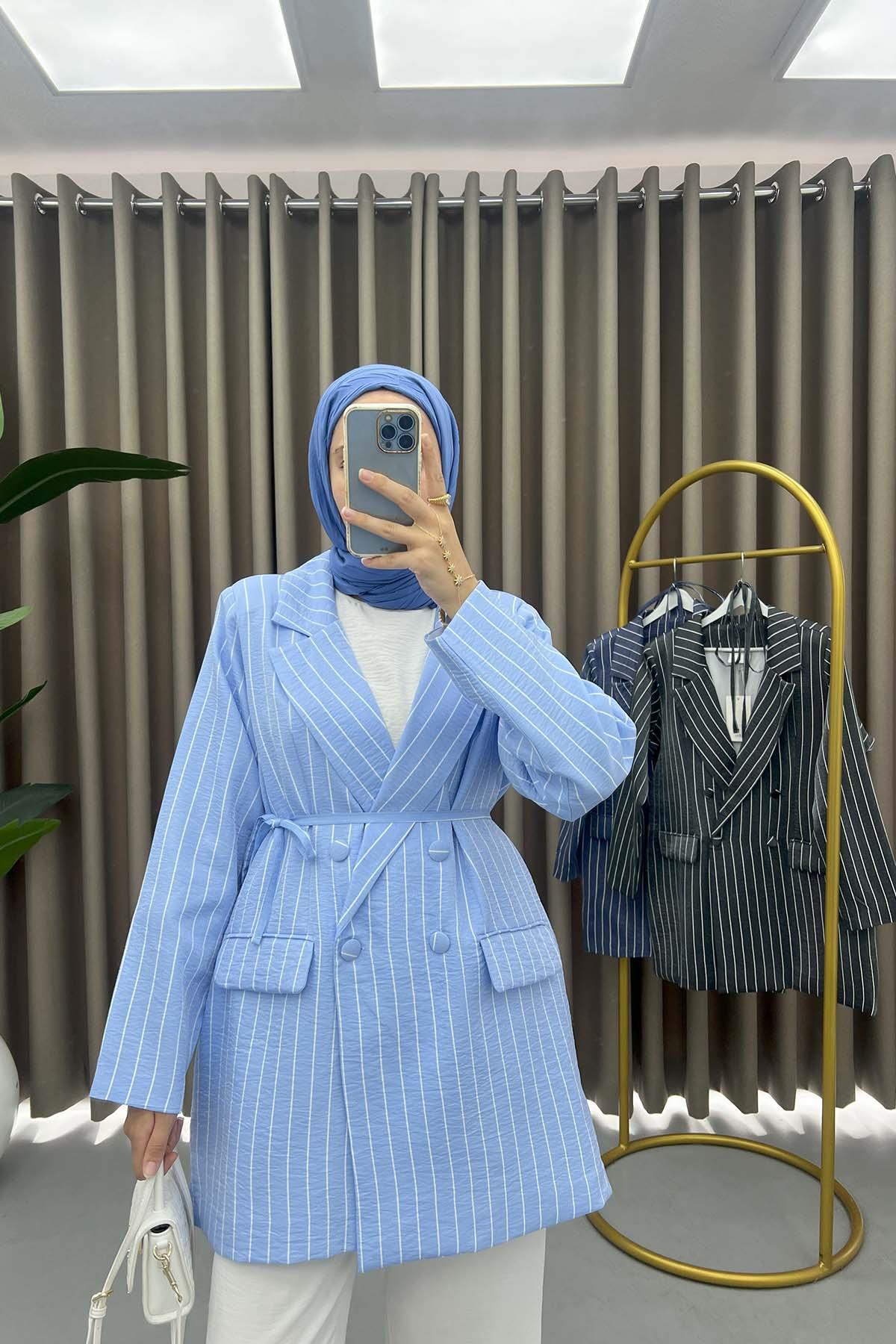 Striped Shiny Blazer Jacket Blue