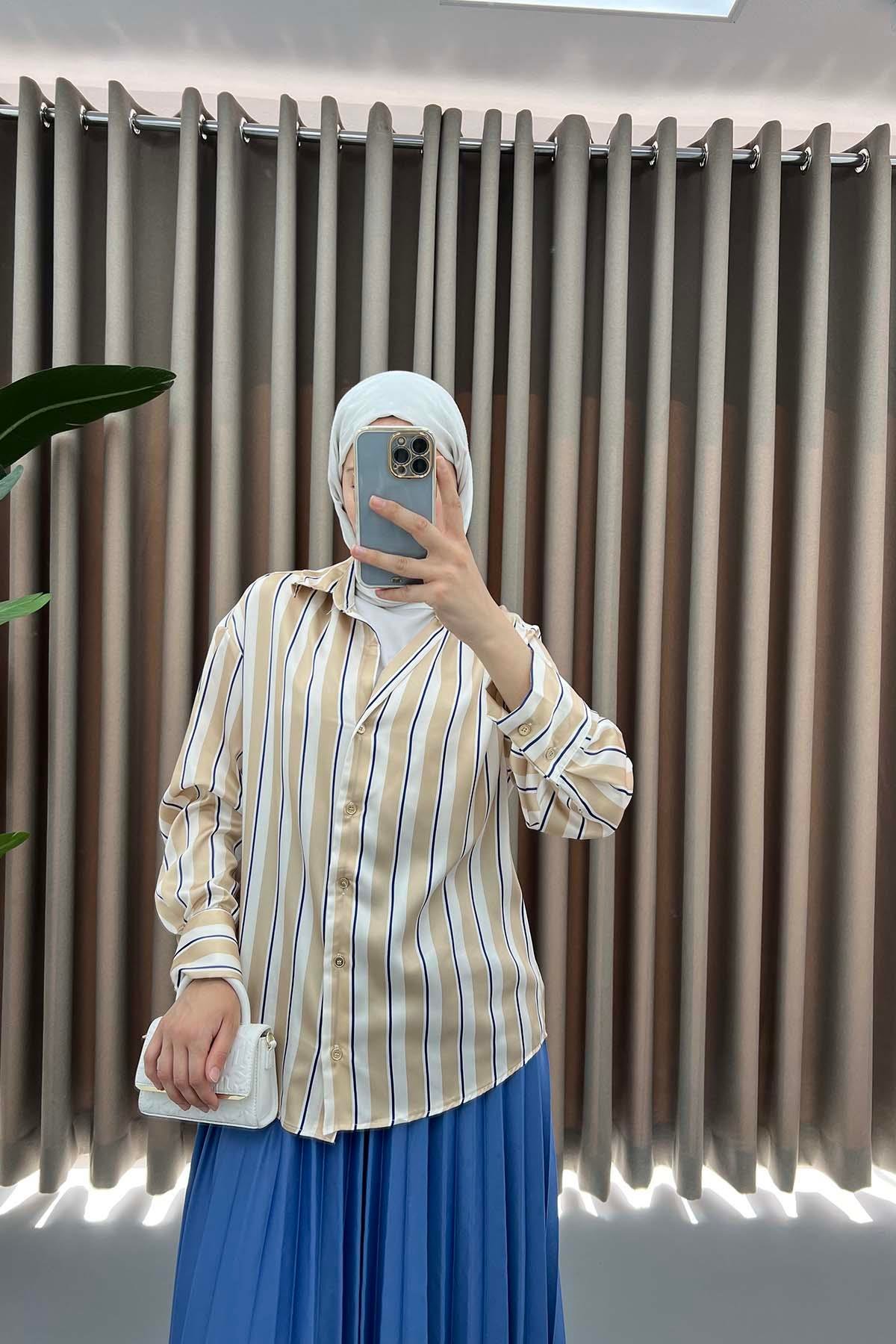 Striped Satin Shirt Beige