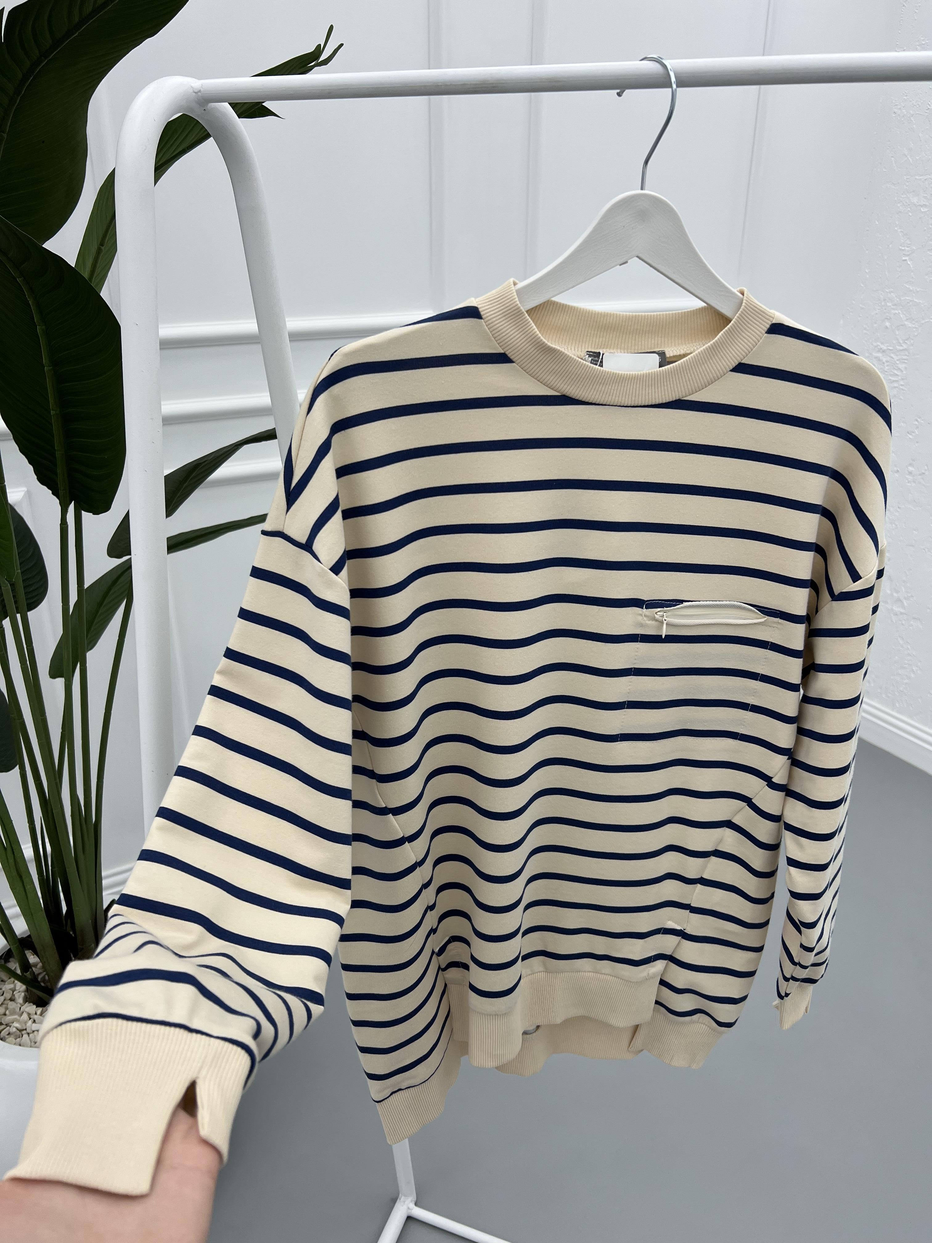 Striped Sweatshirt Beige-Navy Blue