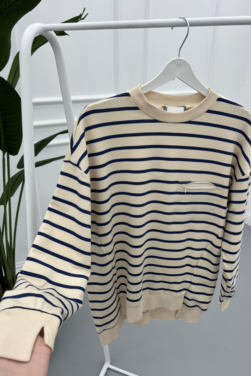 Striped Sweatshirt Beige-Navy Blue