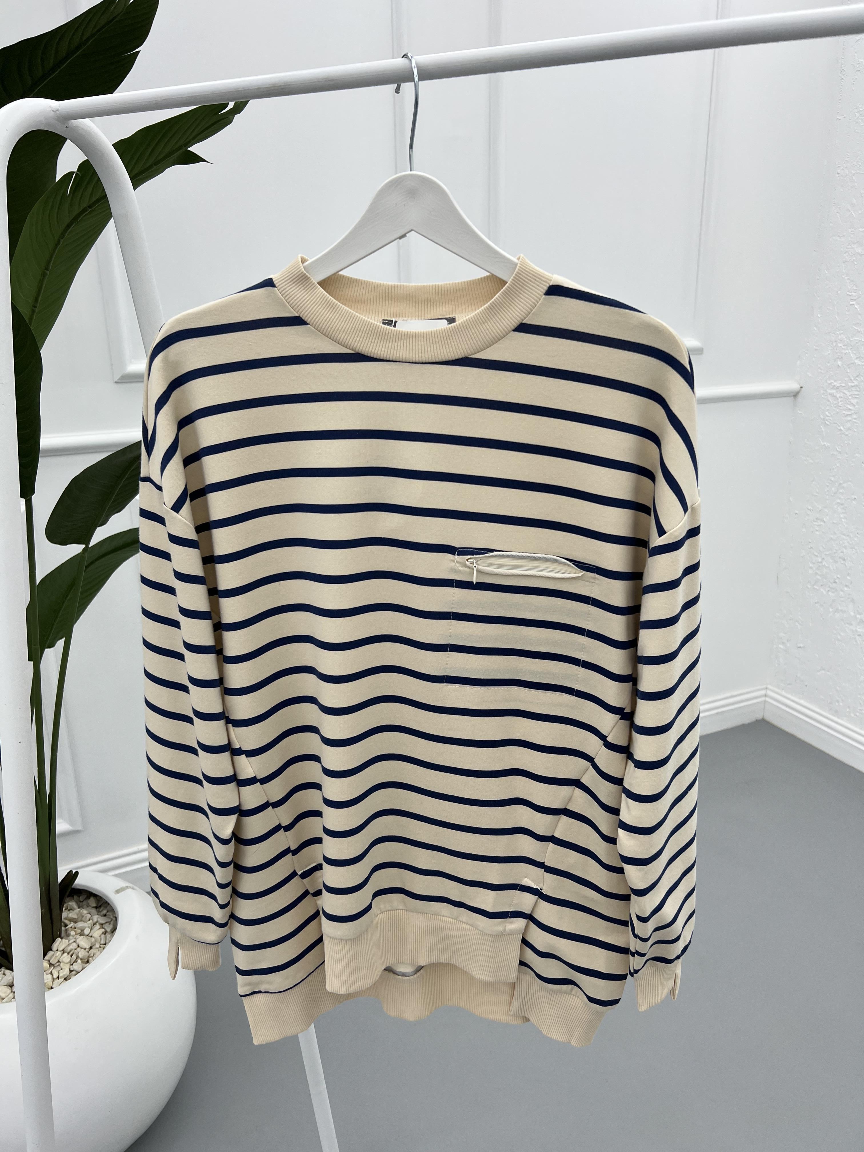 Striped Sweatshirt Beige-Navy Blue