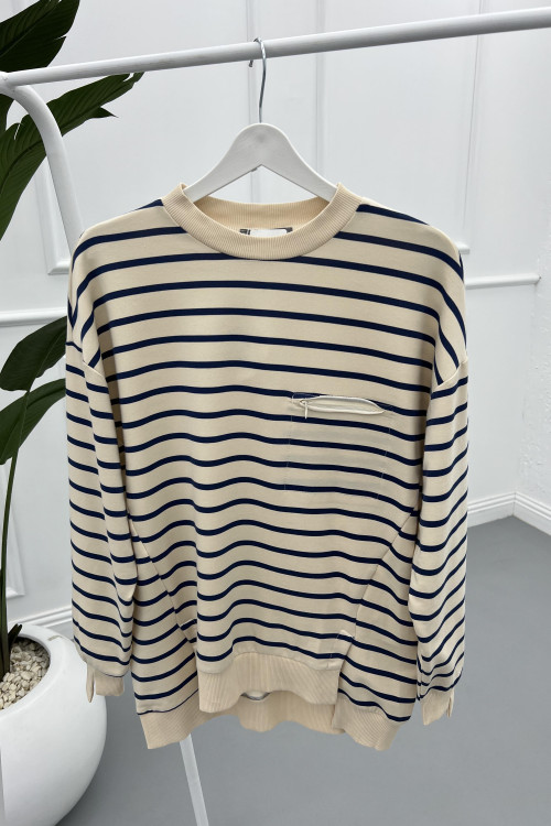 Striped Sweatshirt Beige-Navy Blue