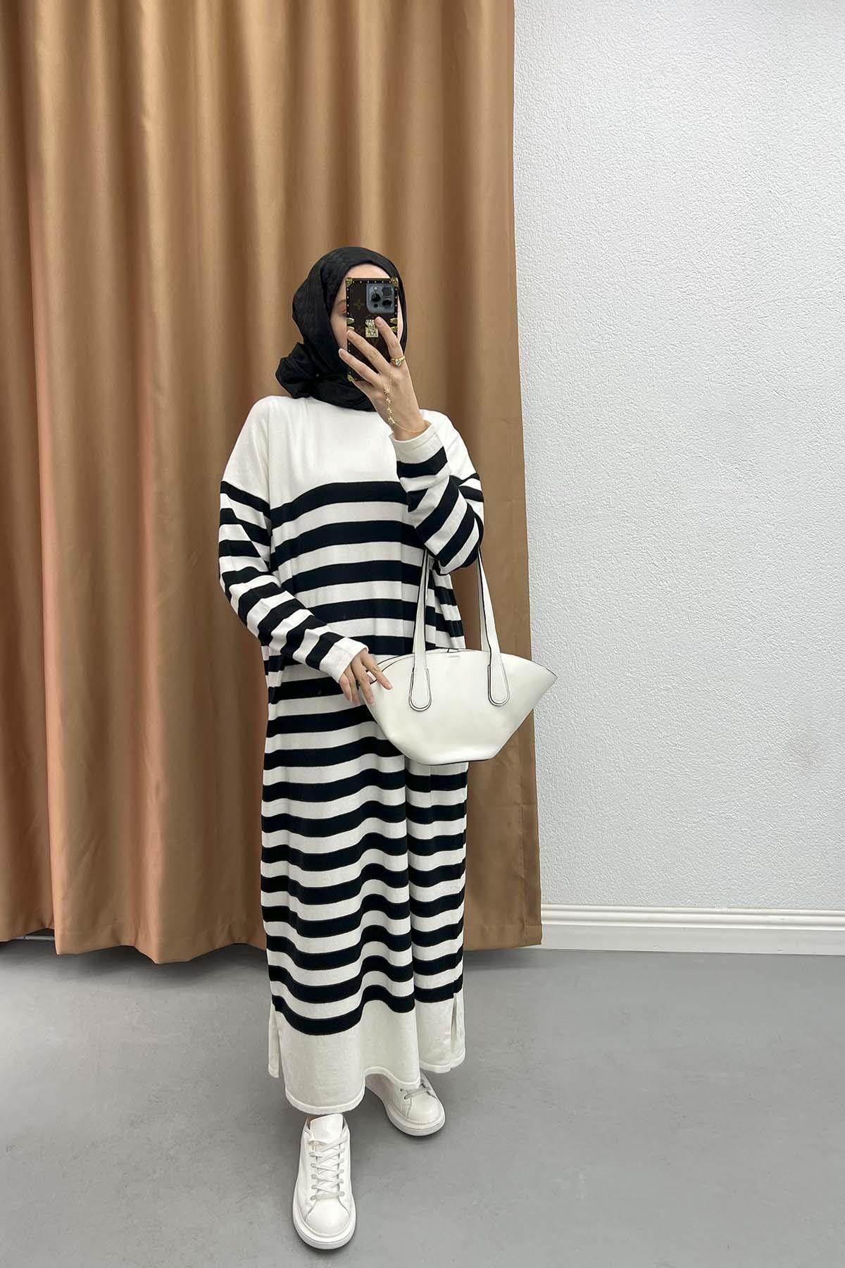 Striped Knit Dress Black