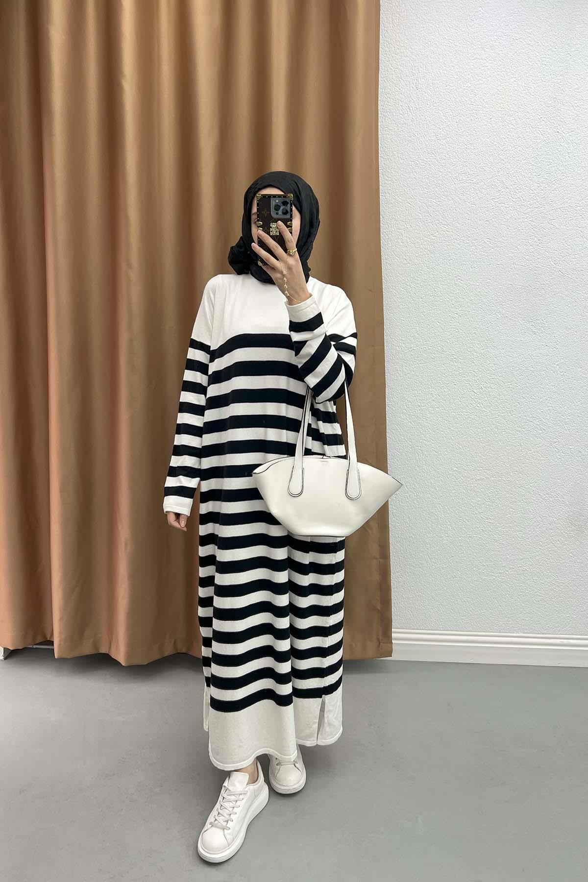 Striped Knit Dress Black