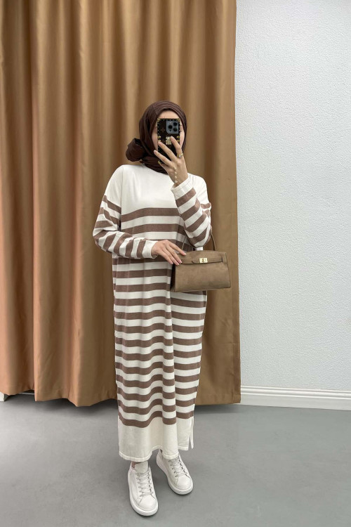 Striped Knit Dress Milky Coffee