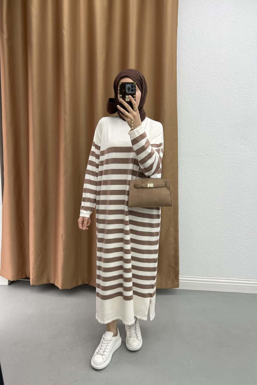 Striped Knit Dress Milky Coffee