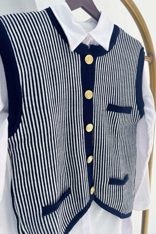 Striped Knit Vest Navy Blue