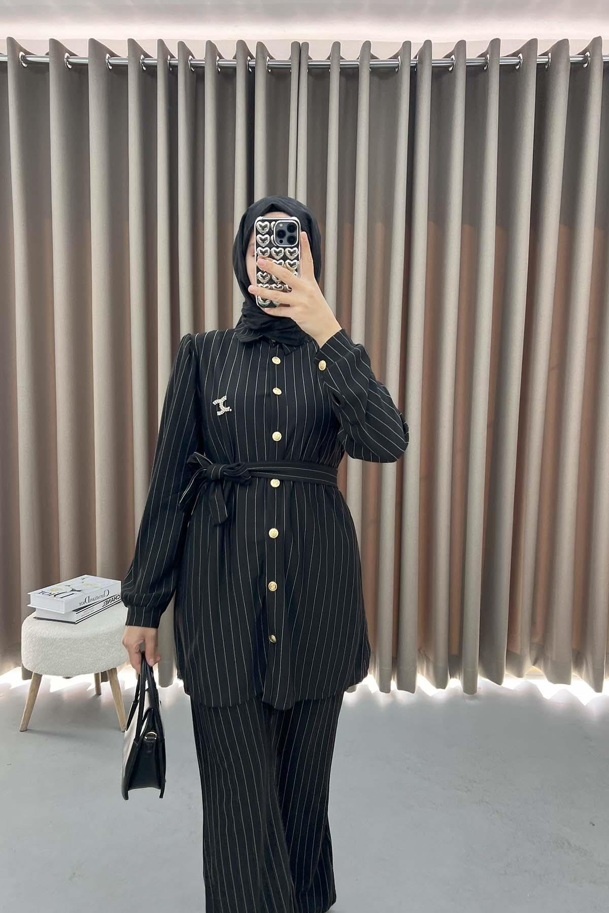 Striped Tunic Suit Black