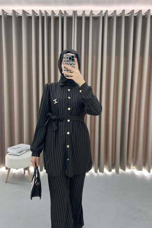 Striped Tunic Suit Black