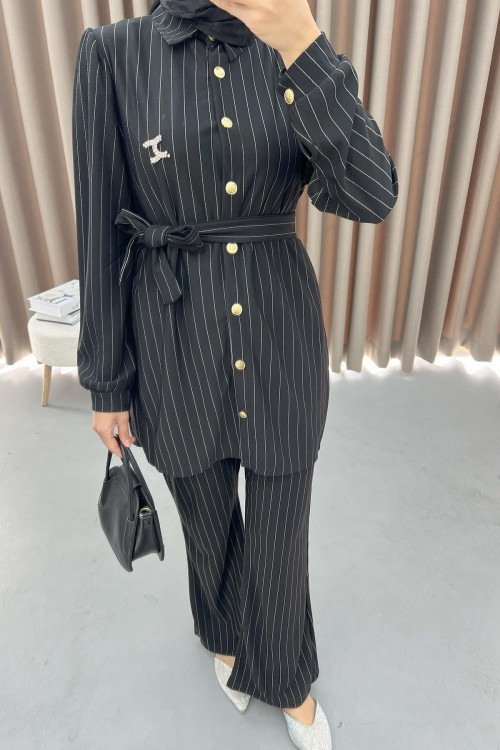 Striped Tunic Suit Black