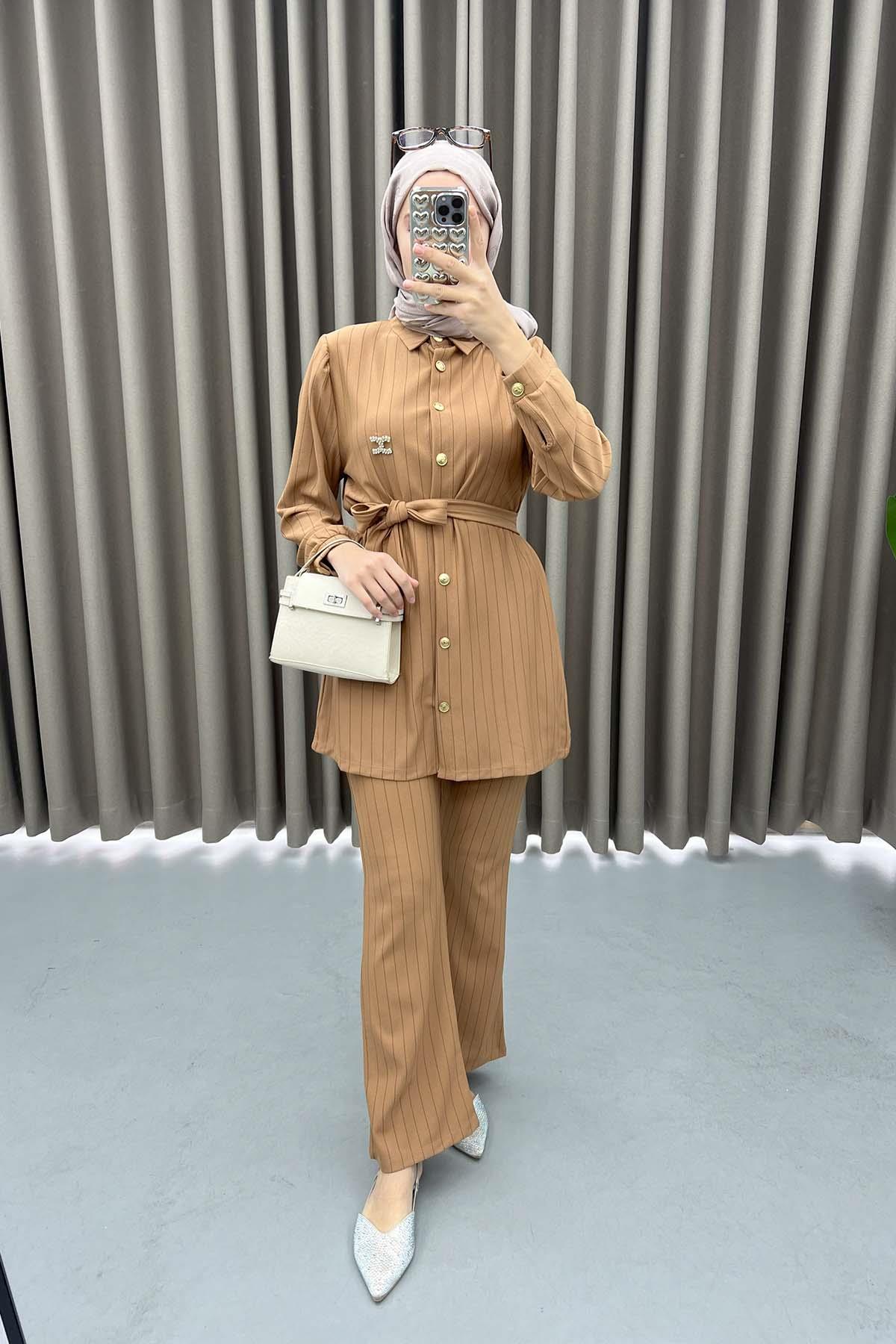 Striped Tunic Suit Milky Coffee