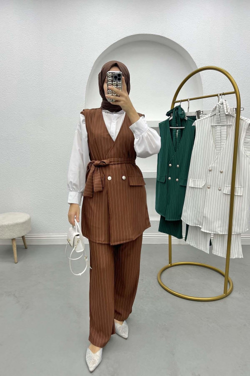 Striped Vest Set Brown