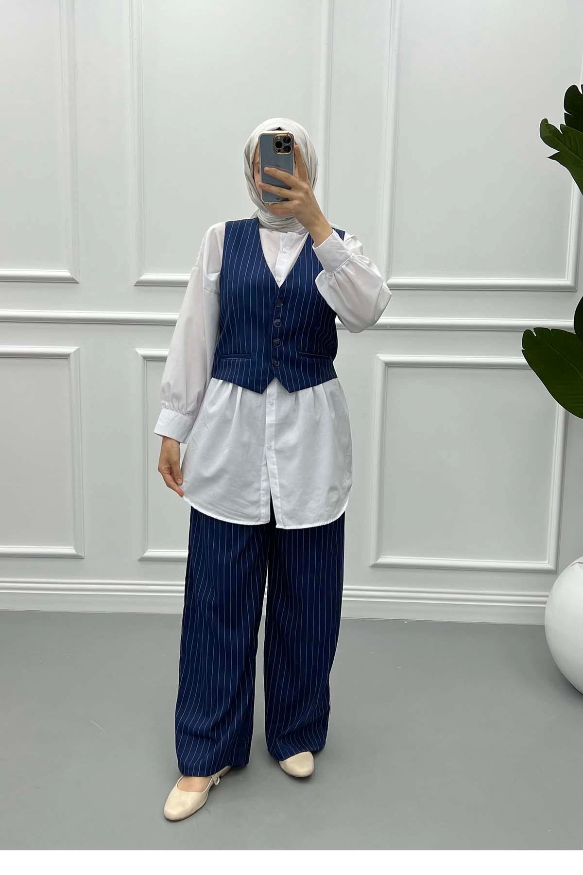 Striped Vest Suit Navy Blue