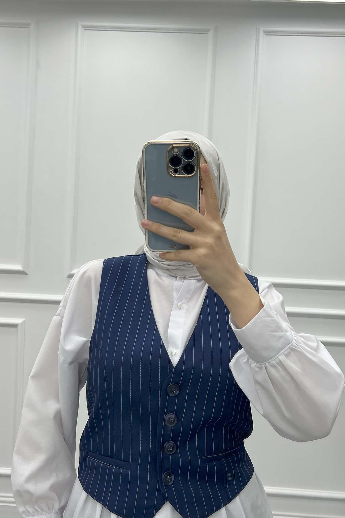 Striped Vest Suit Navy Blue