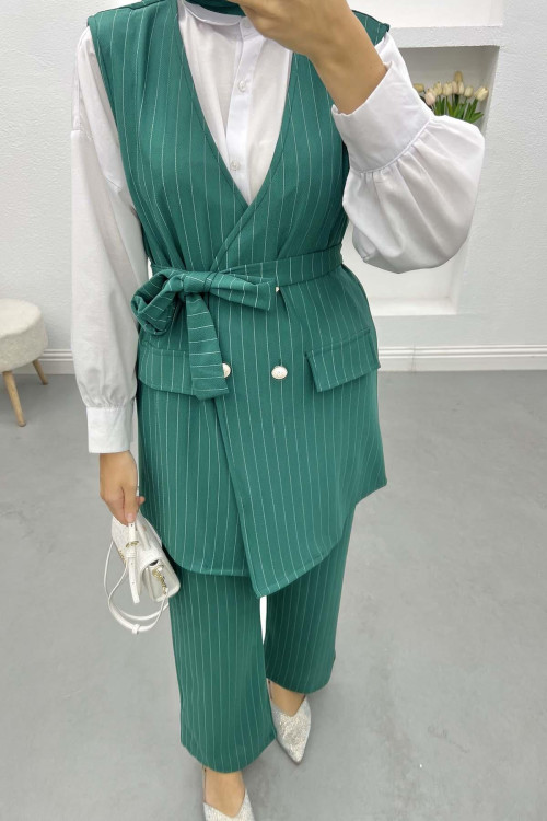 Striped Vest Set Emerald Green