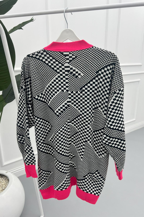 Checkerboard Pattern Knitwear Cardigan Fuchsia